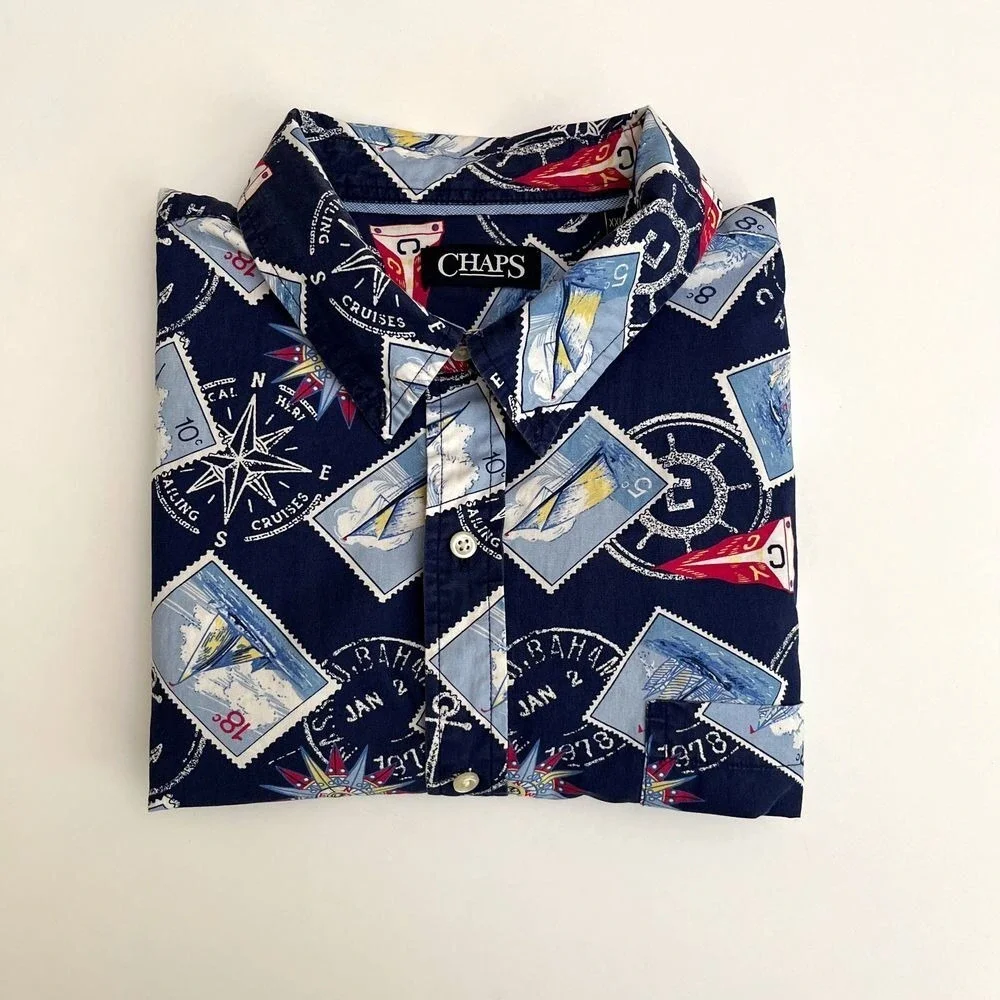 Chaps Mens Travel Stamp Blue Short Sleeve Button Down Shirt, Chaps Button Up S19